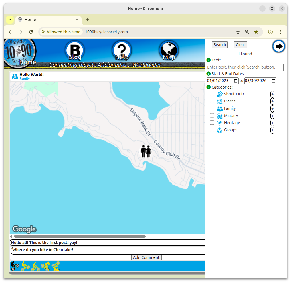 1090 Bicycle Society search panel with text dates category and subcategory options